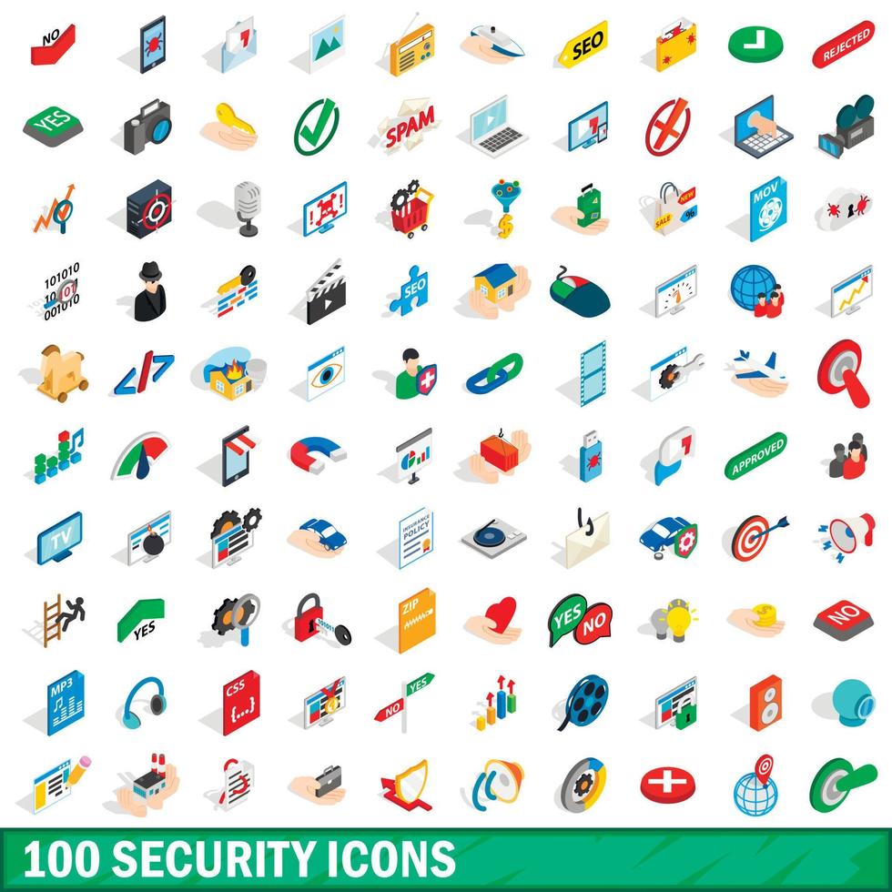100 security icons set, isometric 3d style vector