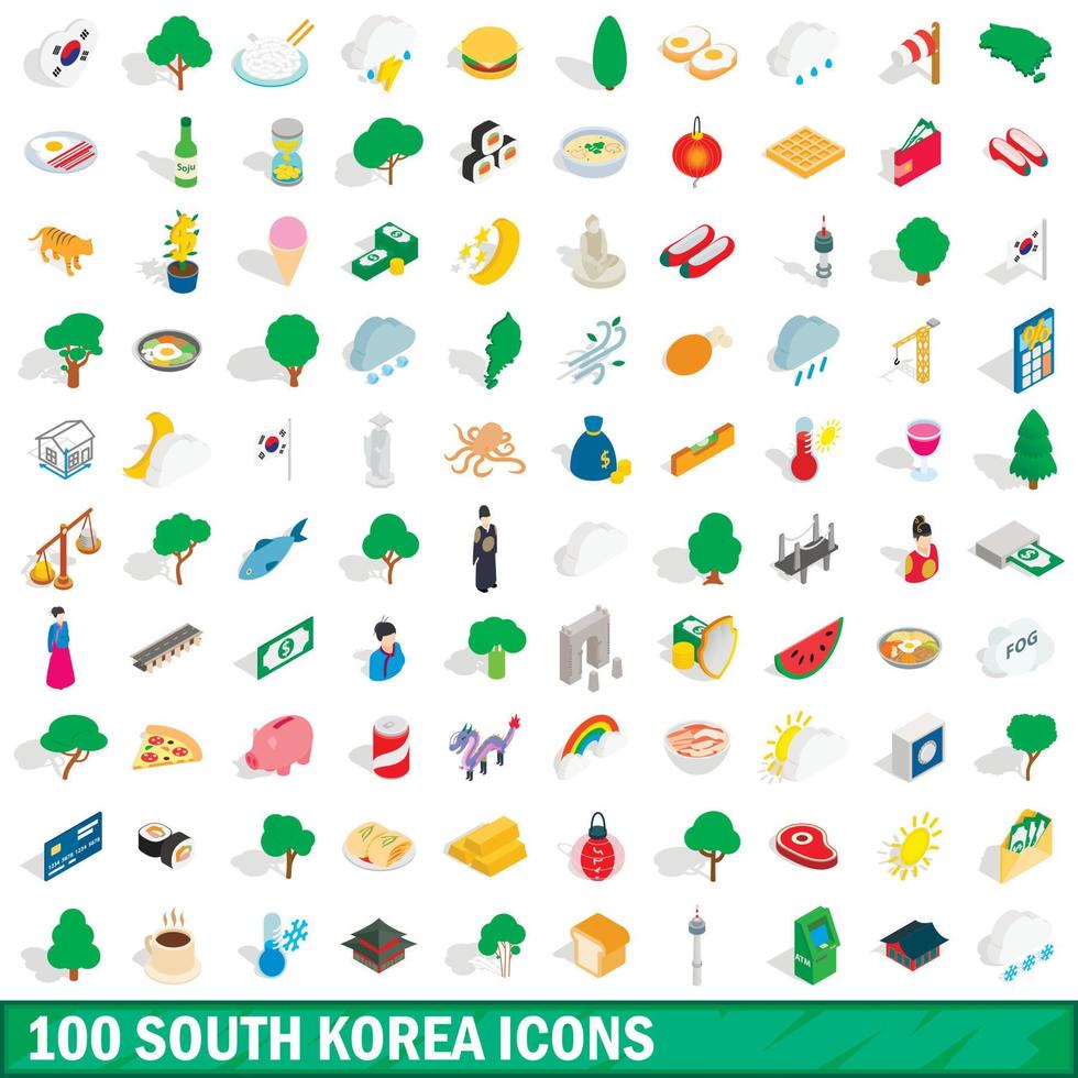 100 south korea icons set, isometric 3d style vector