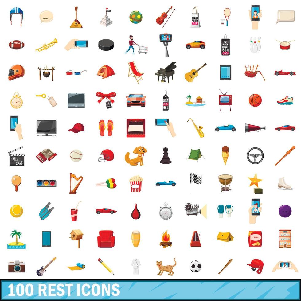 100 iconos de descanso, estilo de dibujos animados vector