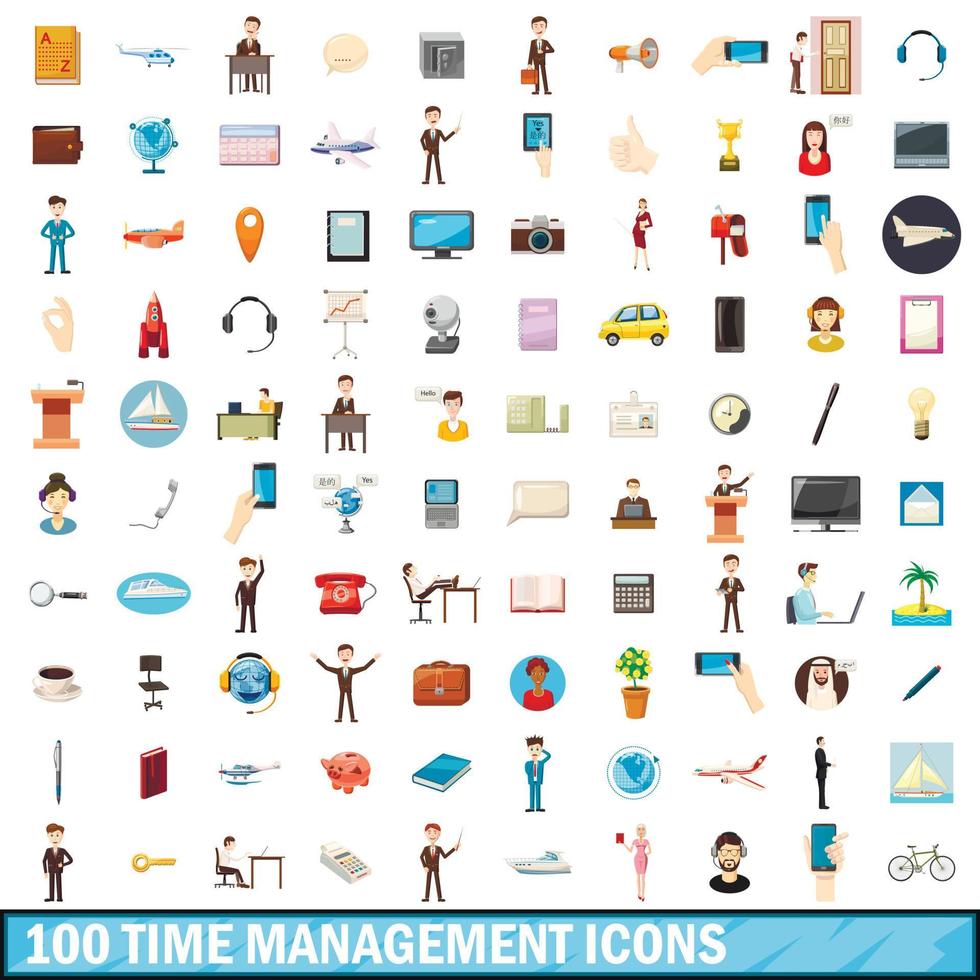 100 time management icons set, cartoon style vector