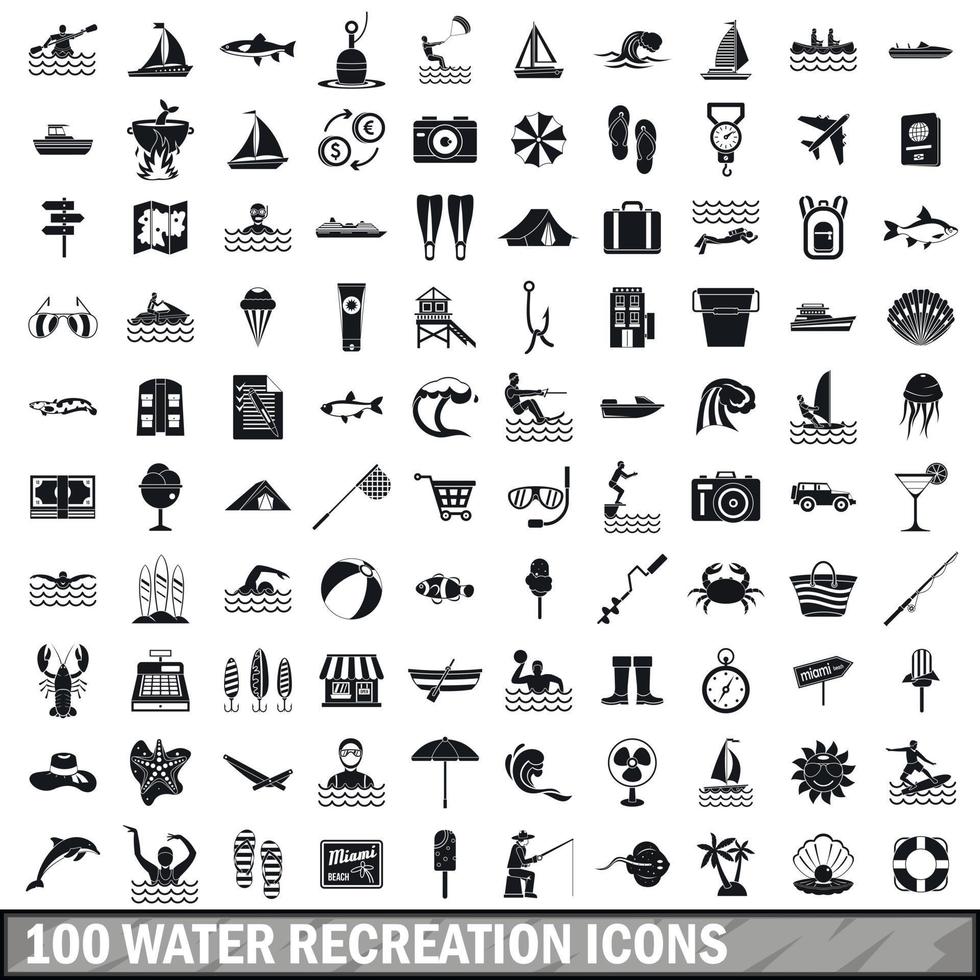 100 water recreation icons set, simple style vector