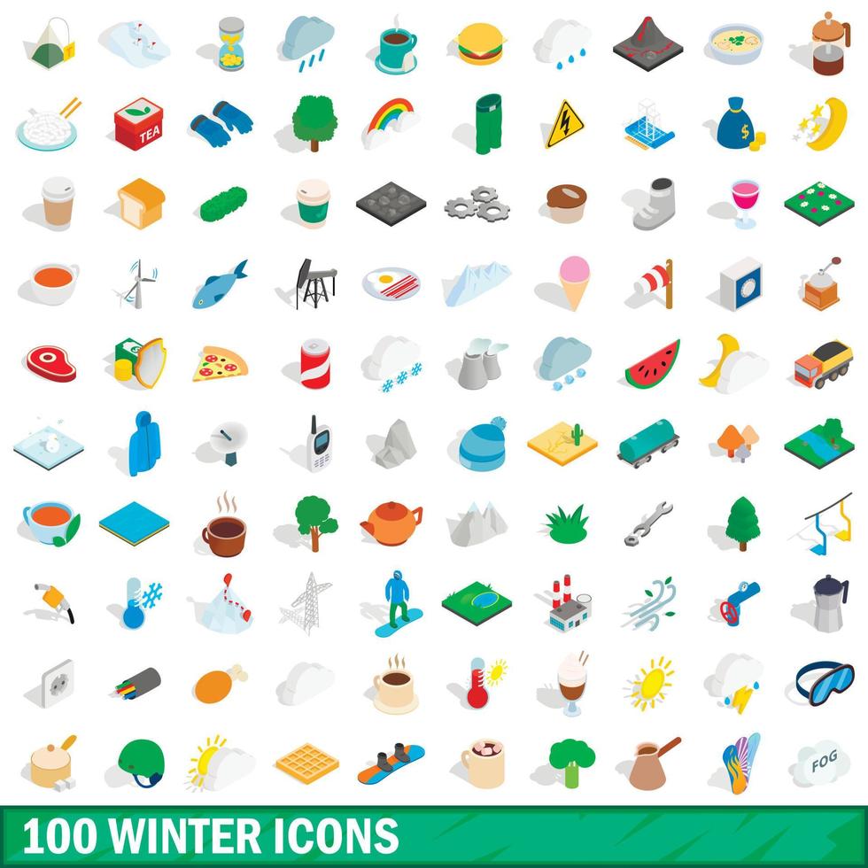 100 winter icons set, isometric 3d style vector