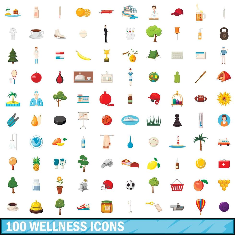 100 iconos de bienestar, estilo de dibujos animados vector