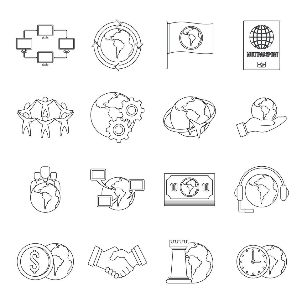 conjunto de iconos de conexiones globales, estilo de esquema vector