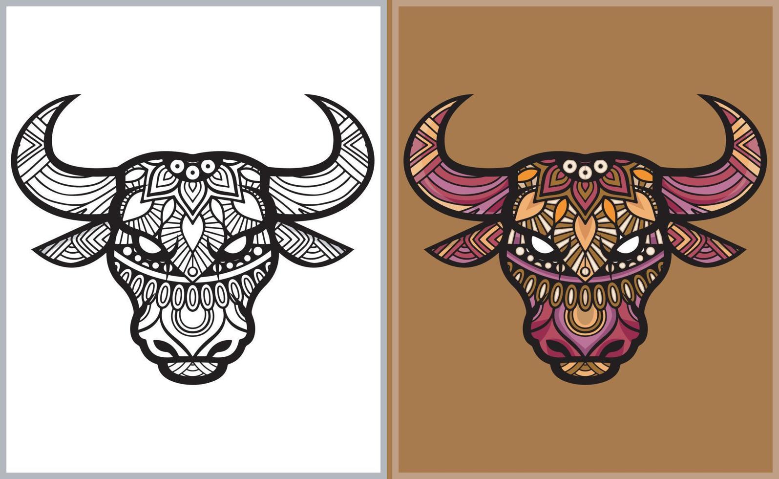Colorful Bull head doodle arts. Bull coloring page vector