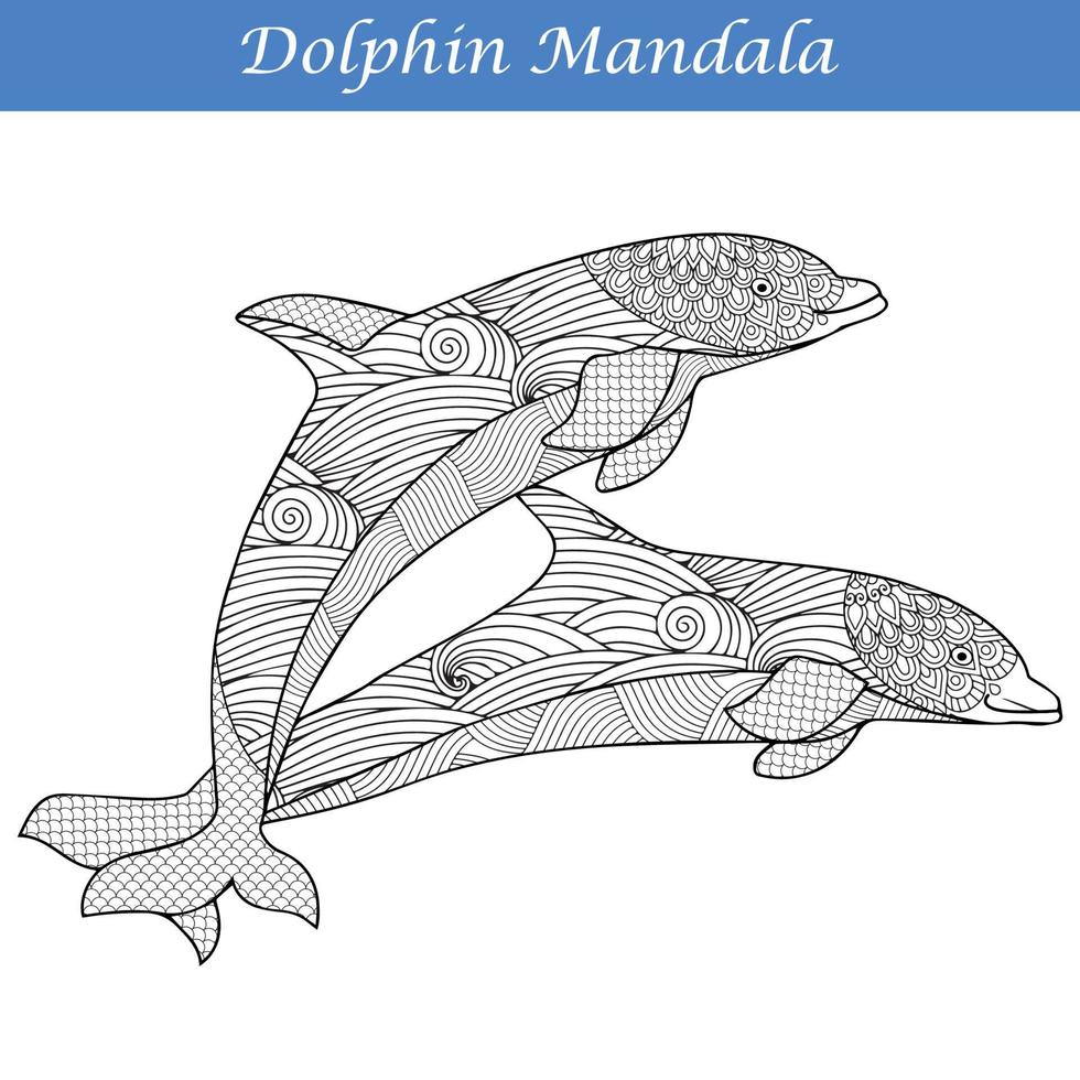 Dolphin Vintage decorative elements with mandalas.  Hand drawn Dolphin zentangle style vector