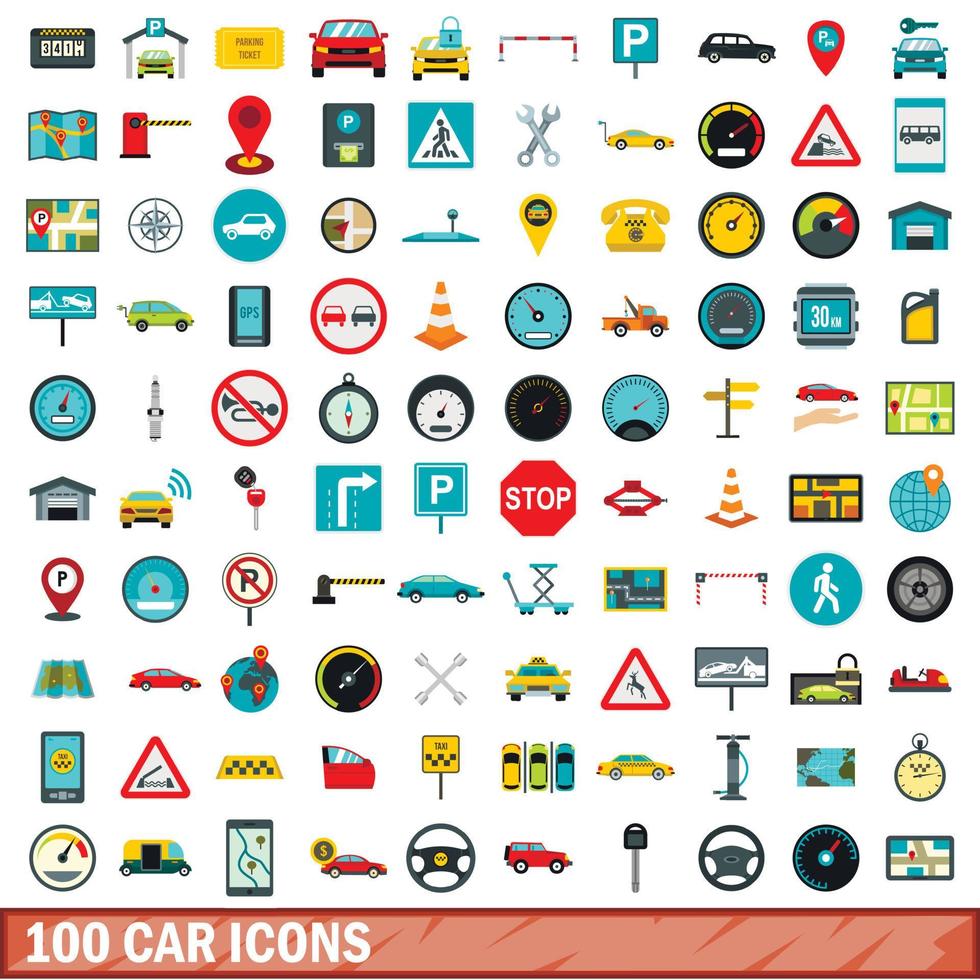 100 car icons set, flat style vector