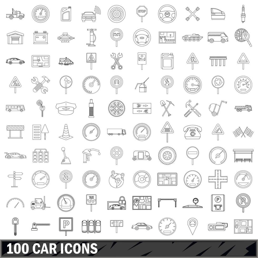 100 car icons set, outline style vector