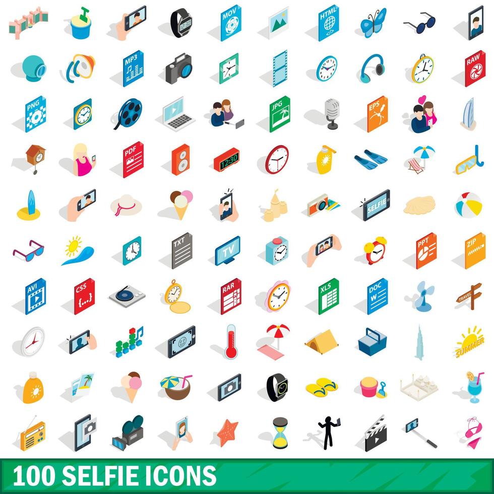 100 selfie icons set, isometric 3d style vector