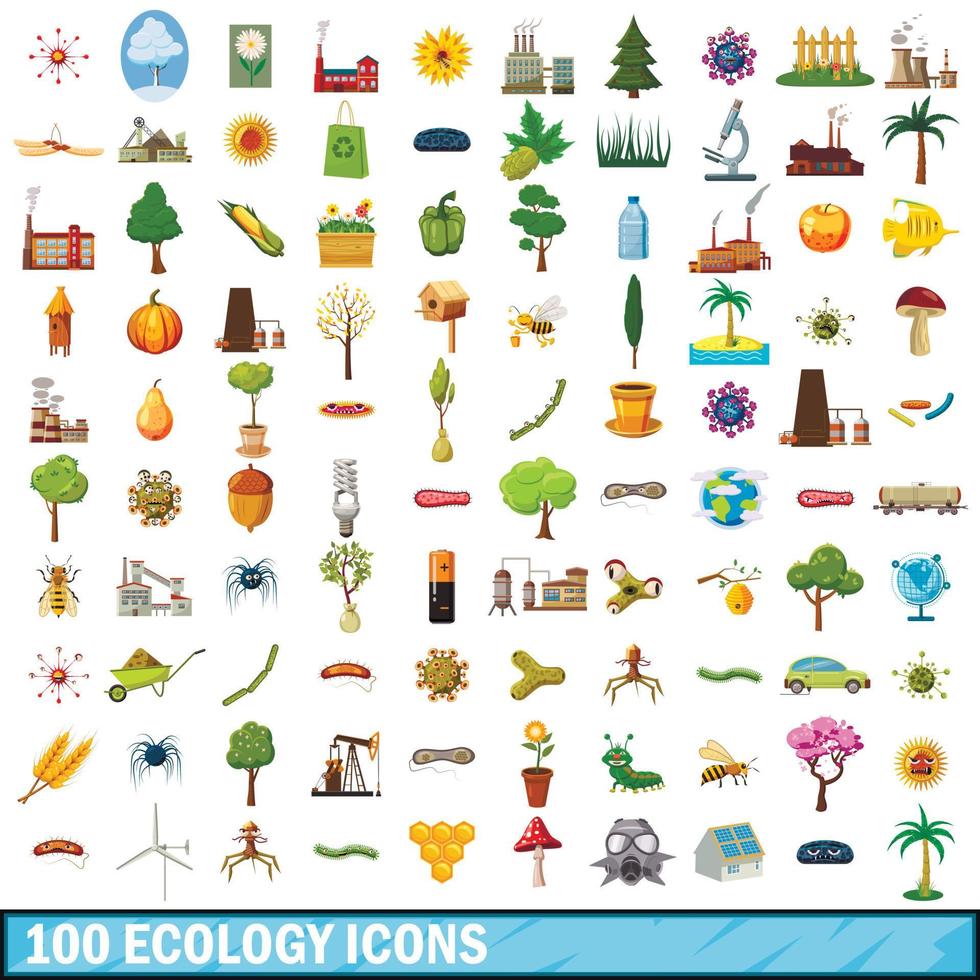 100 iconos de ecología, estilo de dibujos animados vector