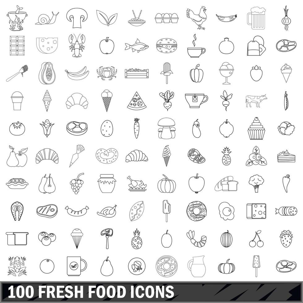 100 iconos de alimentos frescos, estilo de contorno vector