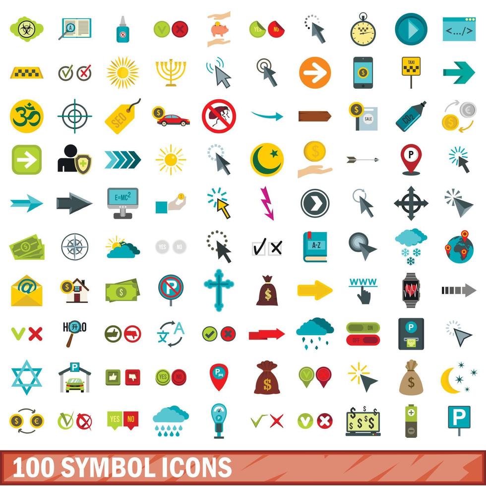 100 iconos de símbolos establecidos, estilo plano vector