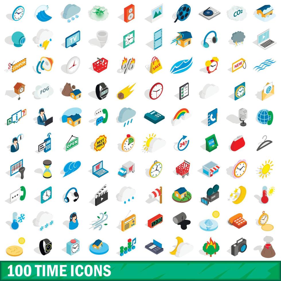 100 time icons set, isometric 3d style vector