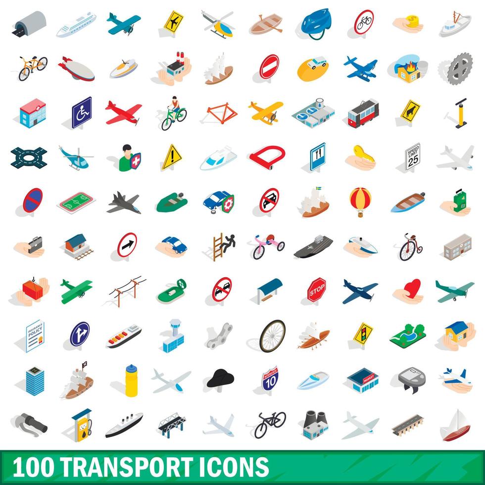 100 transport icons set, isometric 3d style vector