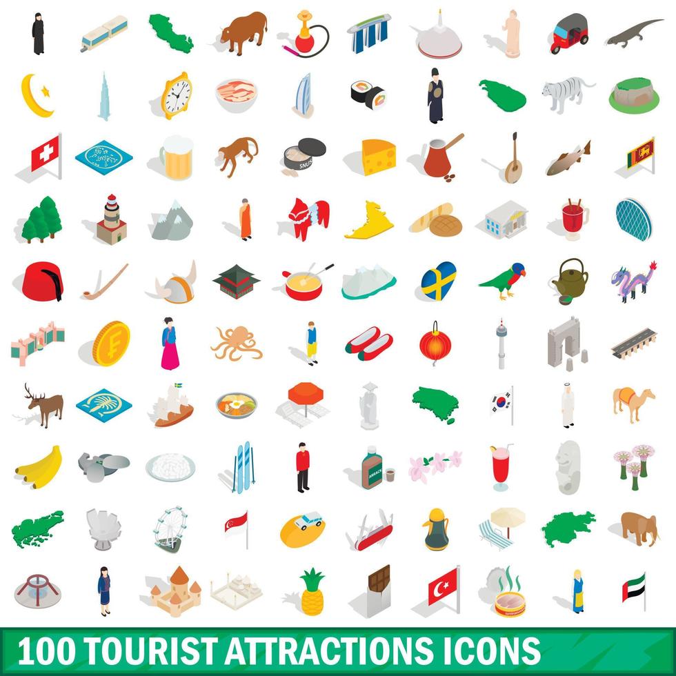 Conjunto de iconos de 100 atracciones turísticas vector