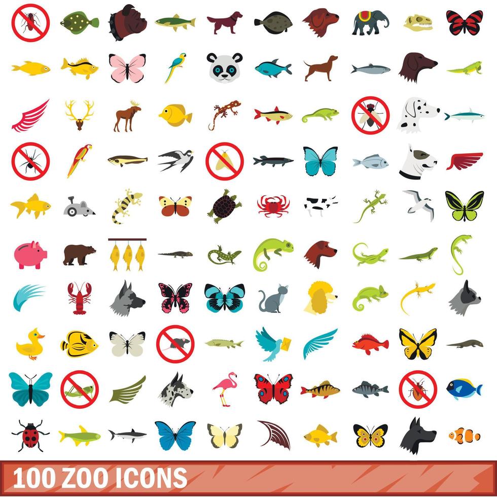 100 iconos de zoológico, estilo plano vector