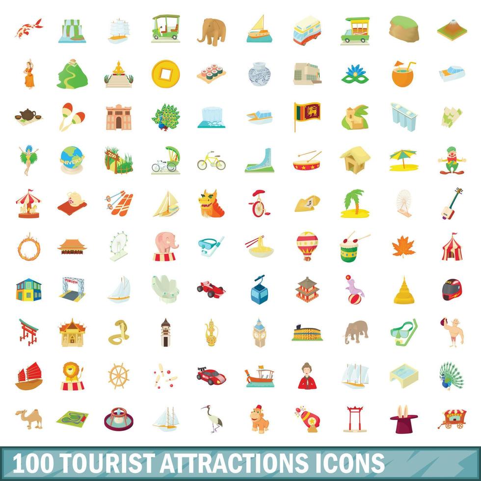 100 tourist attraction icons set, cartoon style vector