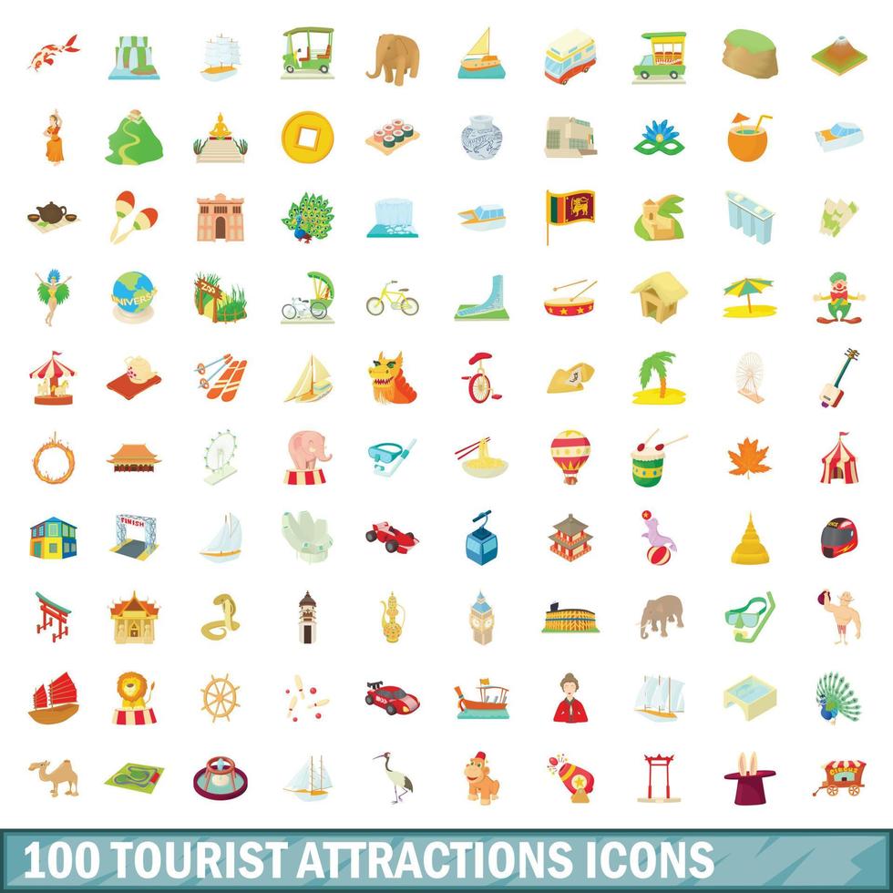 100 iconos de atracción turística, estilo de dibujos animados vector