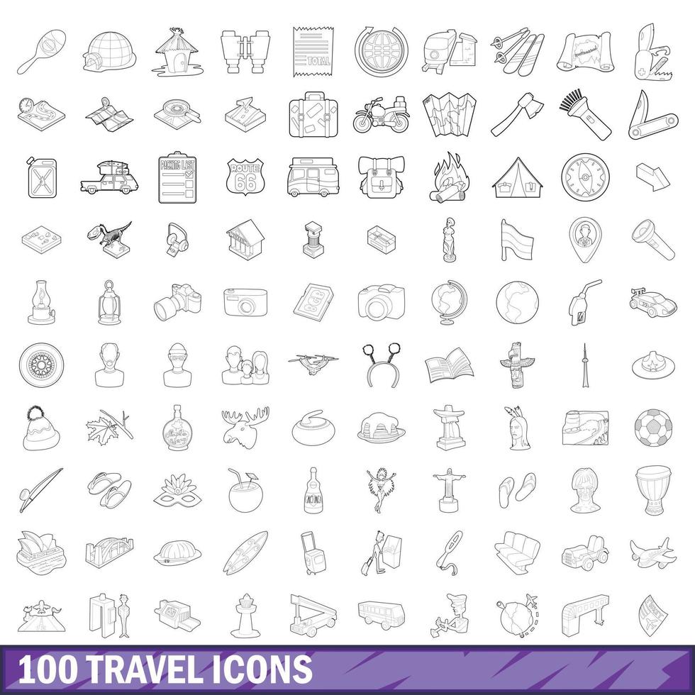 100 iconos de viaje, estilo de esquema vector