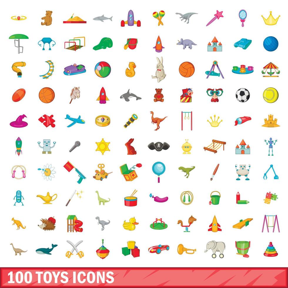 100 juguetes, conjunto de iconos de estilo de dibujos animados vector