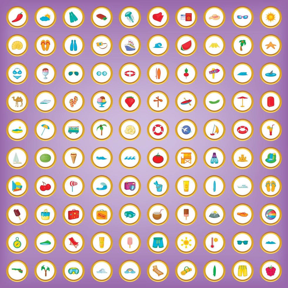 100 summer icons set in cartoon style vector