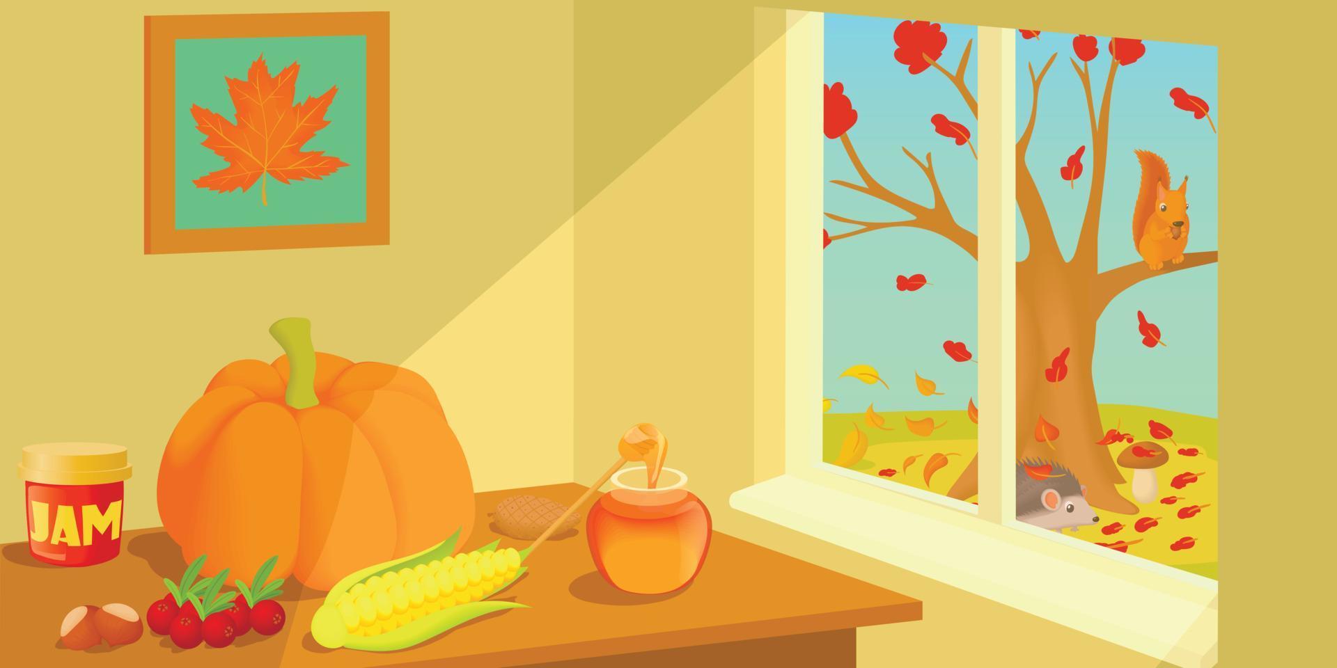 Autumn horizontal banner, cartoon style vector