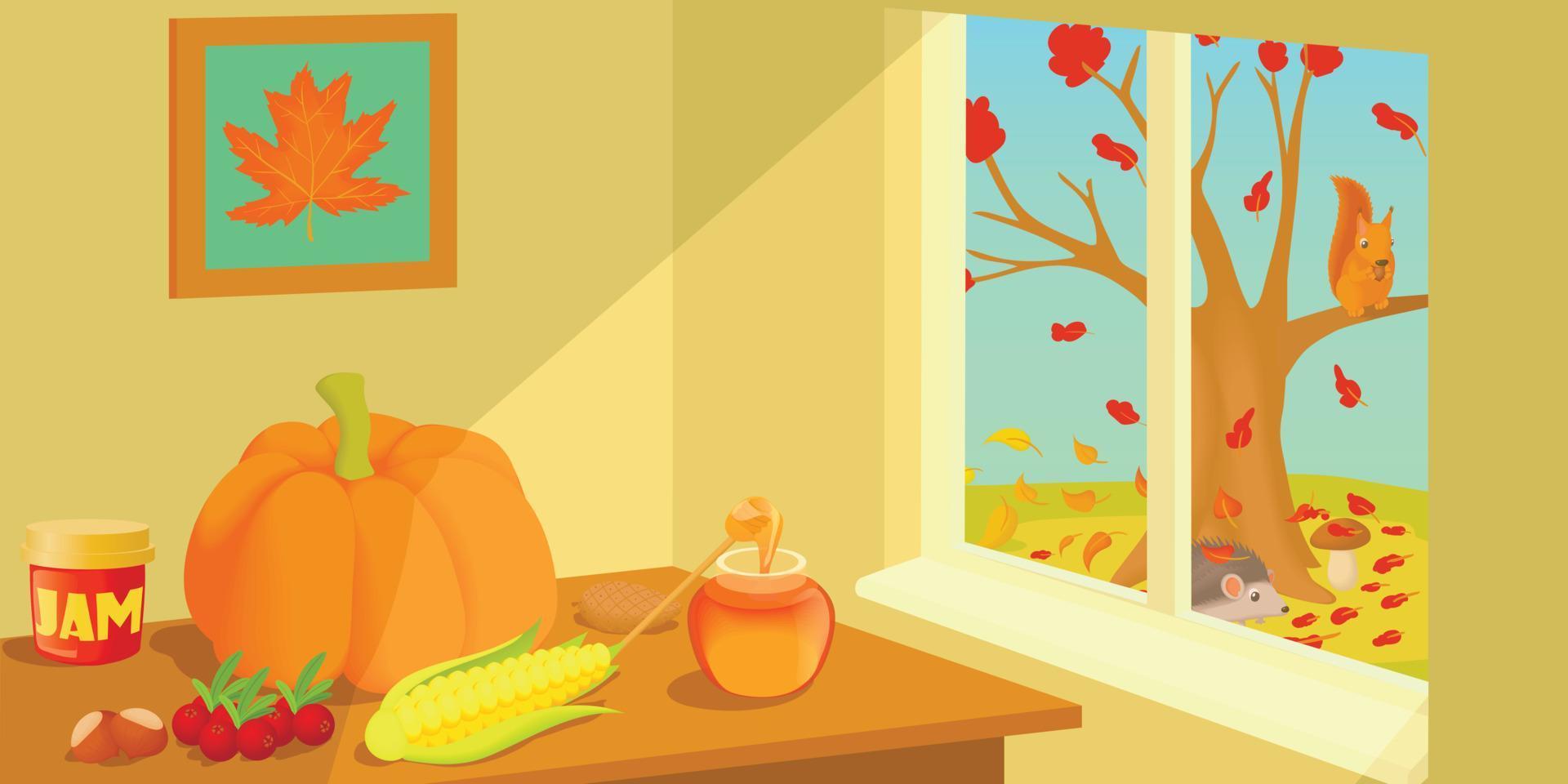 banner horizontal de otoño, estilo de dibujos animados vector