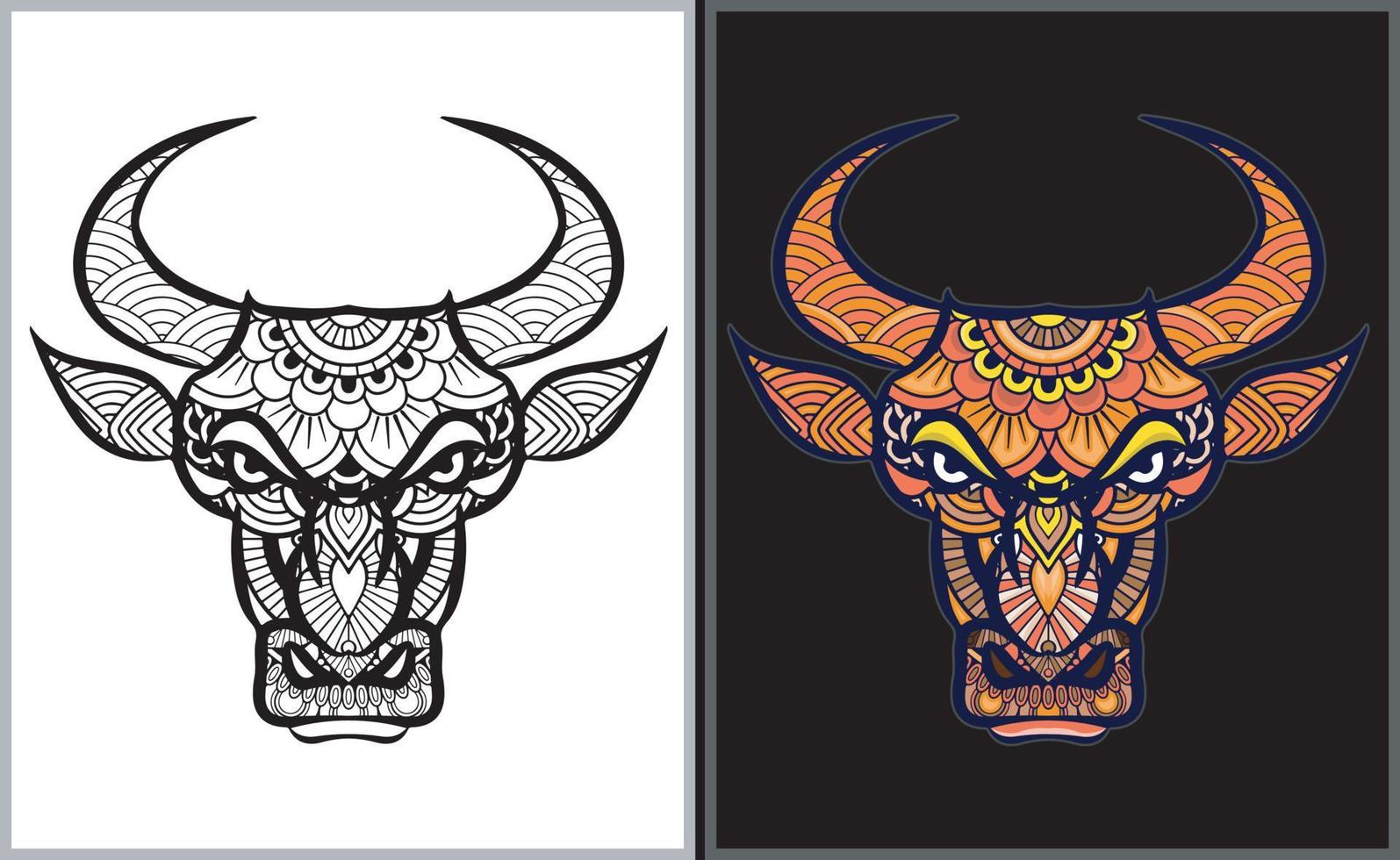 Colorful Bull head doodle arts. Bull coloring page vector