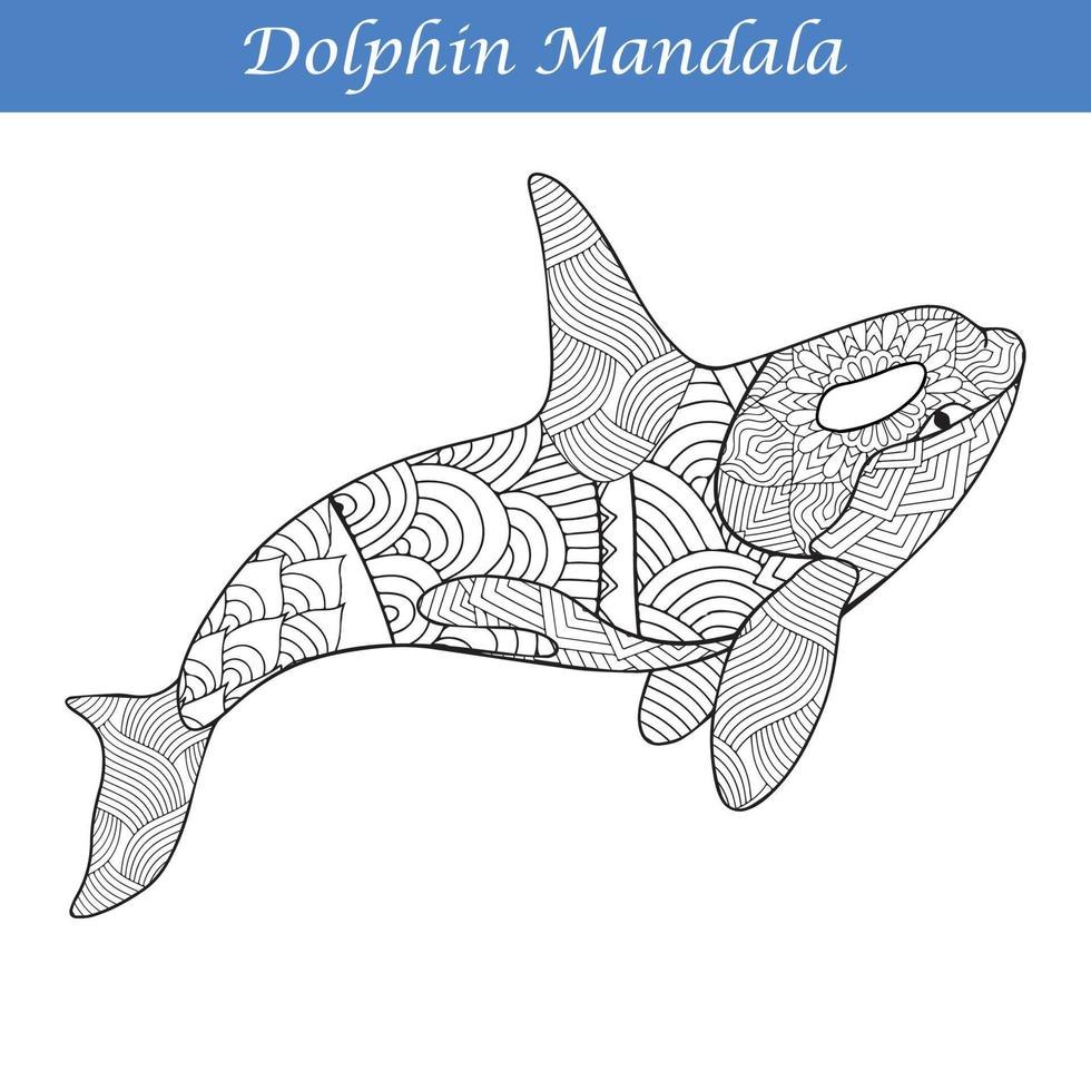 Dolphin Vintage decorative elements with mandalas.  Hand drawn Dolphin zentangle style vector