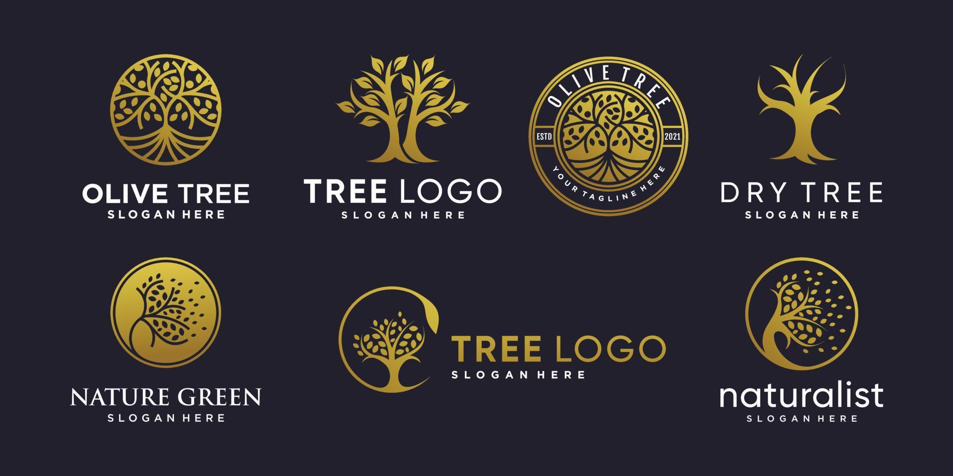 Set of golden tree logo with creative abstract element style Premium Vector