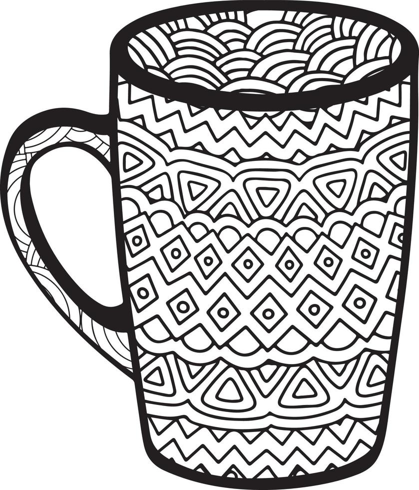 Coffee mug or tea Cup with abstract patterns in the style of zentangle, doodle. Hand drawn illustration, coloring book for adults. vector