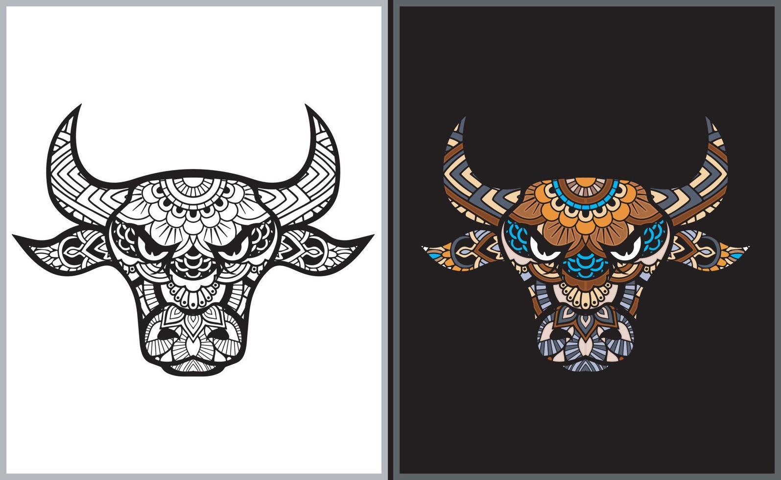Colorful Bull head doodle arts. Bull coloring page vector