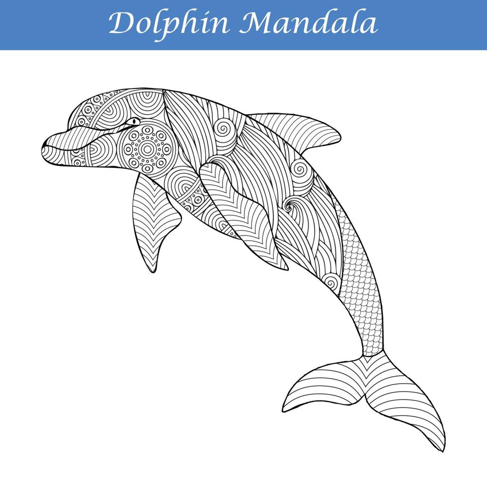 Dolphin Vintage decorative elements with mandalas.  Hand drawn Dolphin zentangle style vector