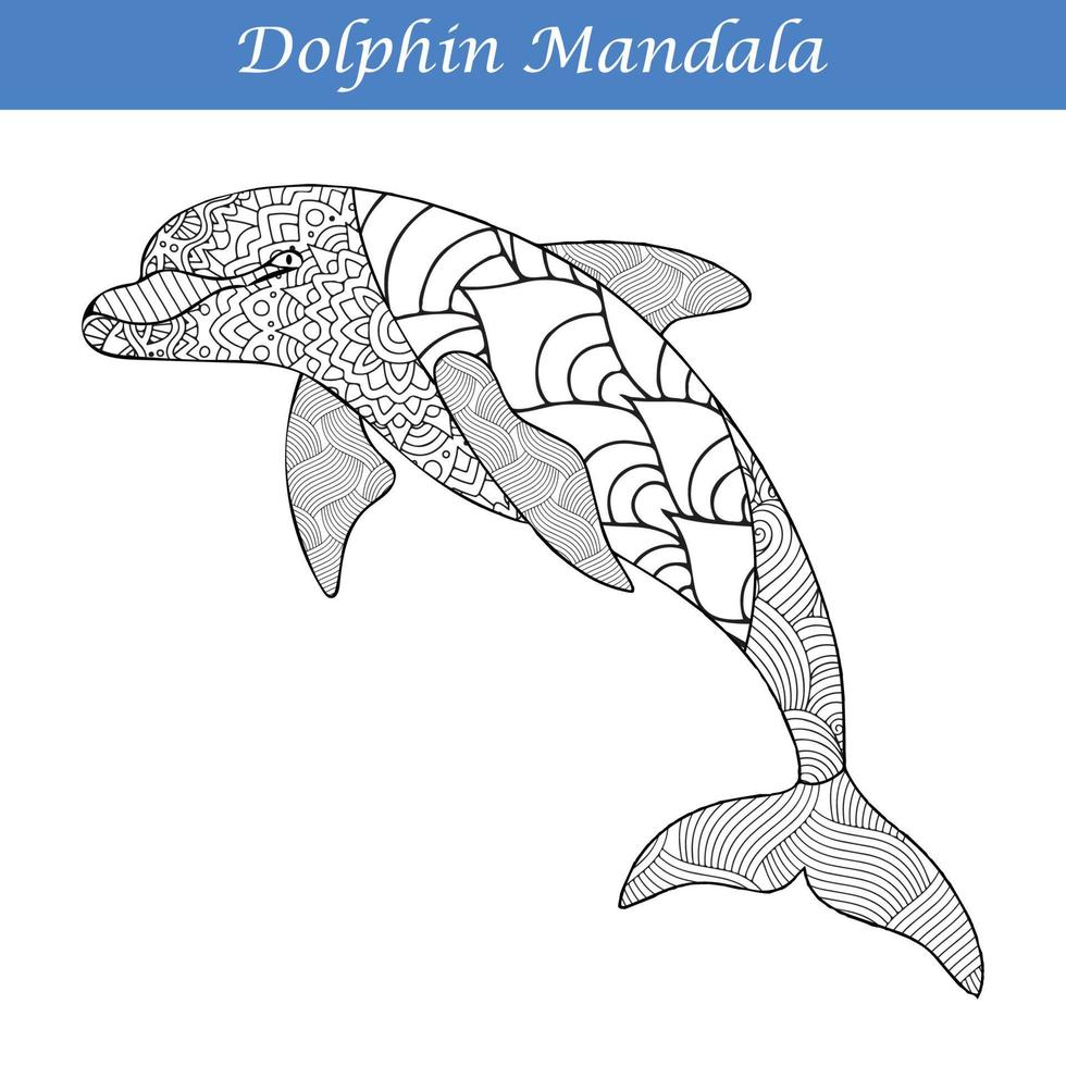 Dolphin Vintage decorative elements with mandalas.  Hand drawn Dolphin zentangle style vector