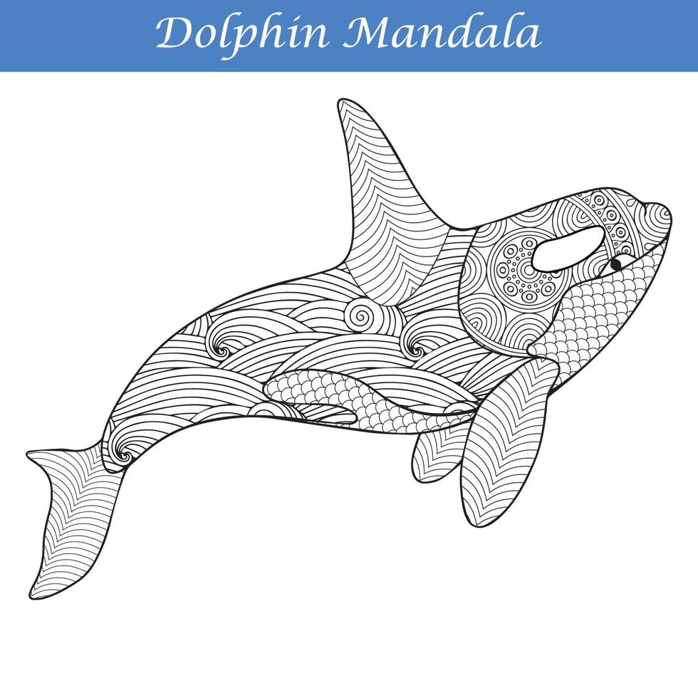 Dolphin Vintage decorative elements with mandalas.  Hand drawn Dolphin zentangle style vector