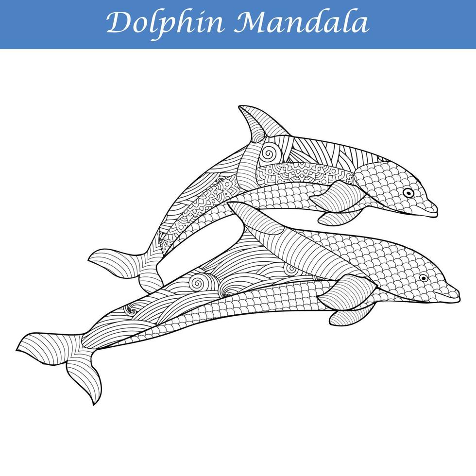 Dolphin Vintage decorative elements with mandalas.  Hand drawn Dolphin zentangle style vector