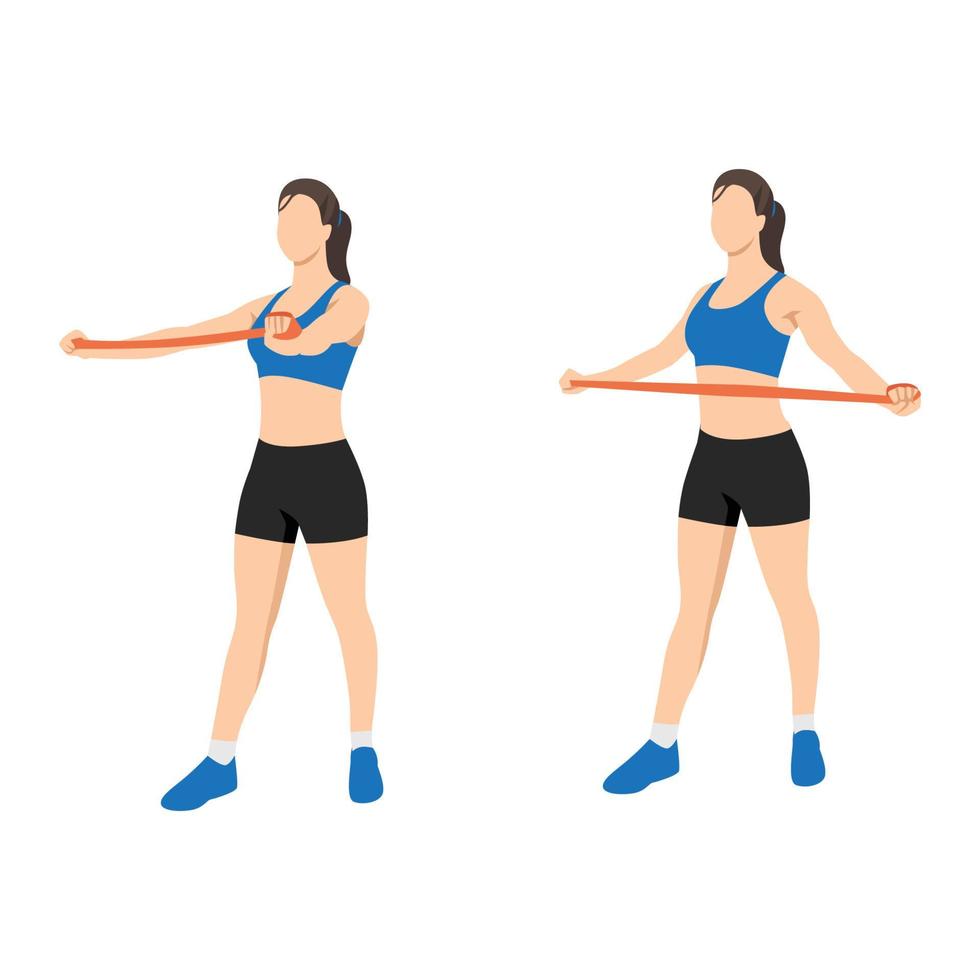 Woman doing reverse fly with long resistance band exercise. Flat vector illustration isolated on white background