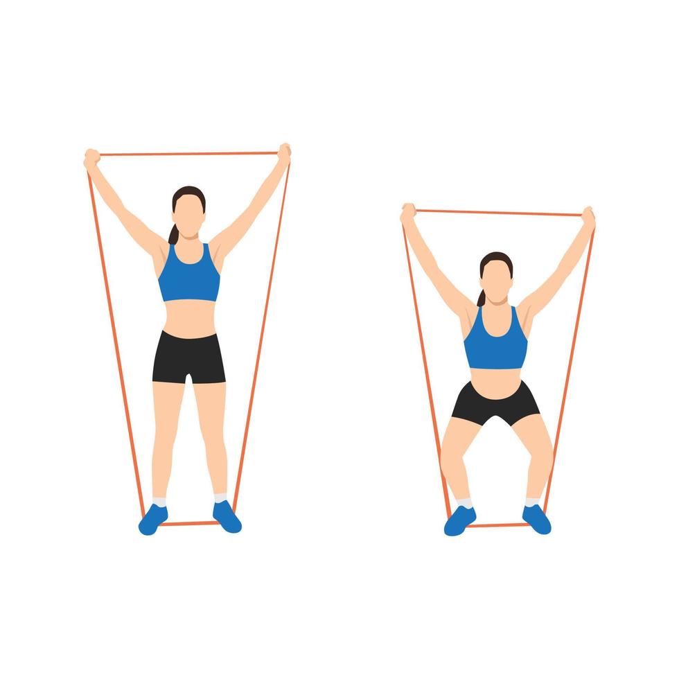 Woman doing Overhead squat with long resistance band exercise. Flat vector illustration isolated on white background