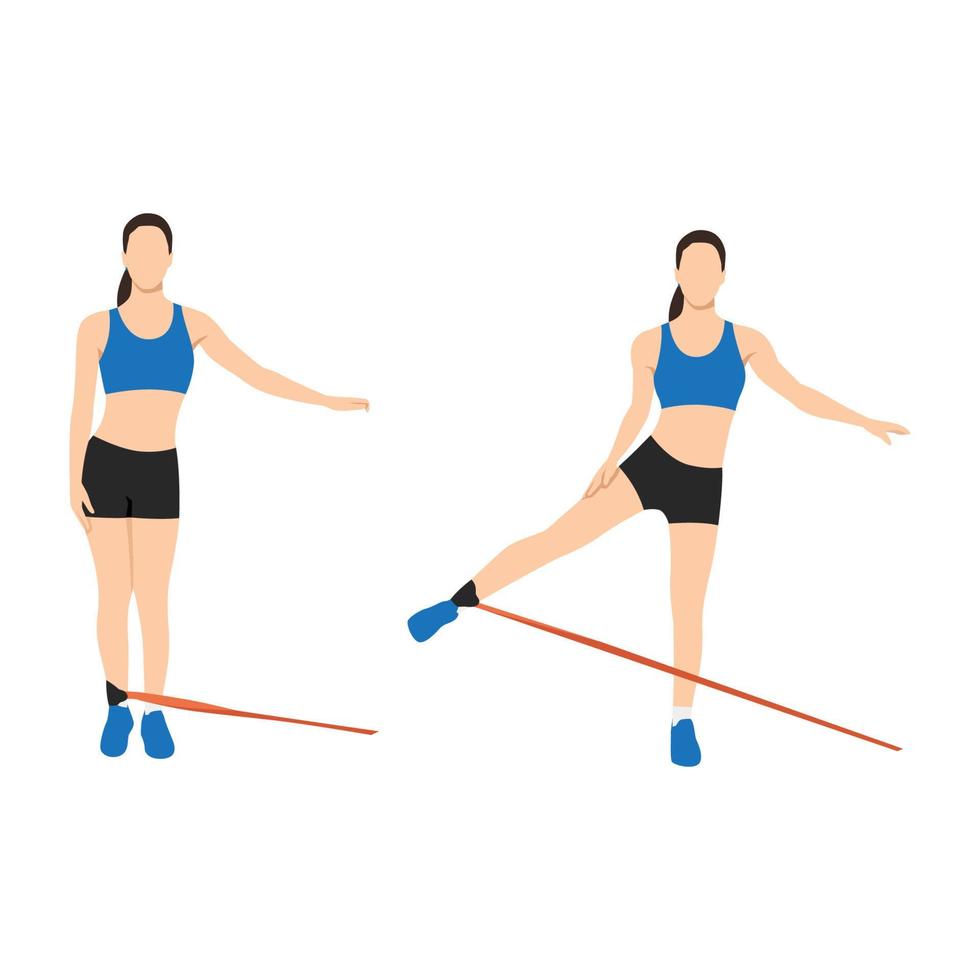 mujer haciendo trasero. abducción de pie con cable con ejercicio de banda de resistencia larga. ilustración vectorial plana aislada sobre fondo blanco vector