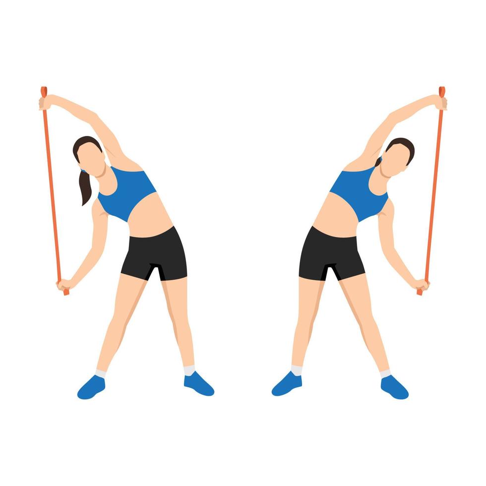 Woman doing side bends with long resistance band exercise. Flat vector illustration isolated on white background