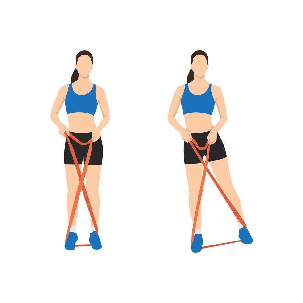 Woman doing outer thighs raises with long resistance band exercise. Flat vector illustration isolated on white background