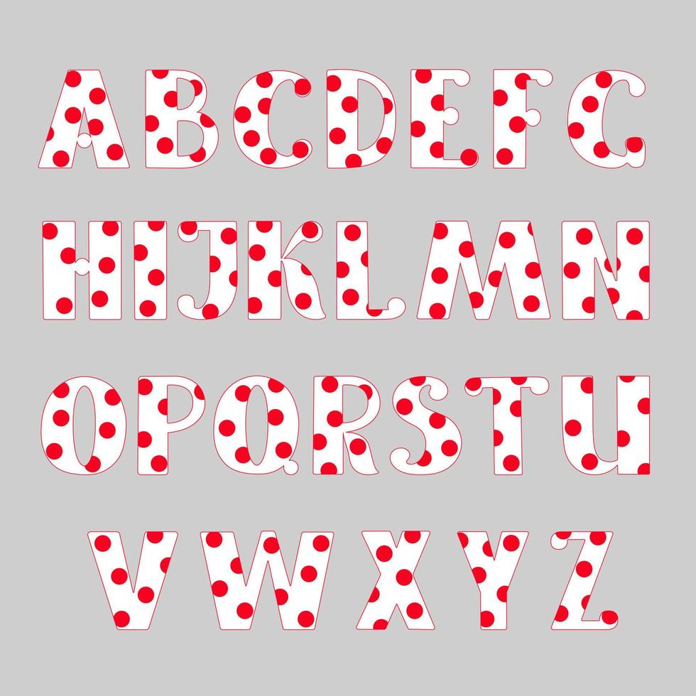 Capital white decorated with red polka dot hand drawn letters of English alphabet simple cartoon style vector illustration, calligraphic abc, cute funny handwriting, doodle and lettering