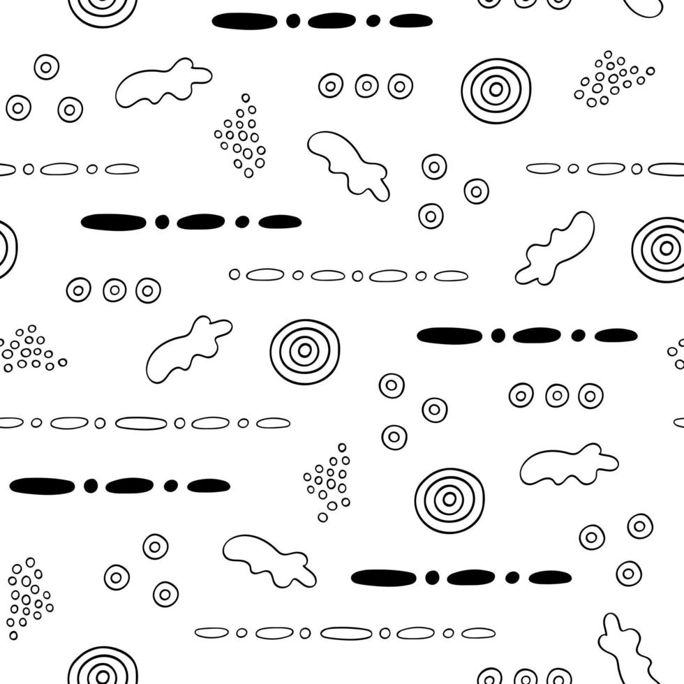 Simple abstract elements black and white shapeless forms, lines, spiral seamless pattern, repeat geometric ornament for textile, gift paper, home decor vector