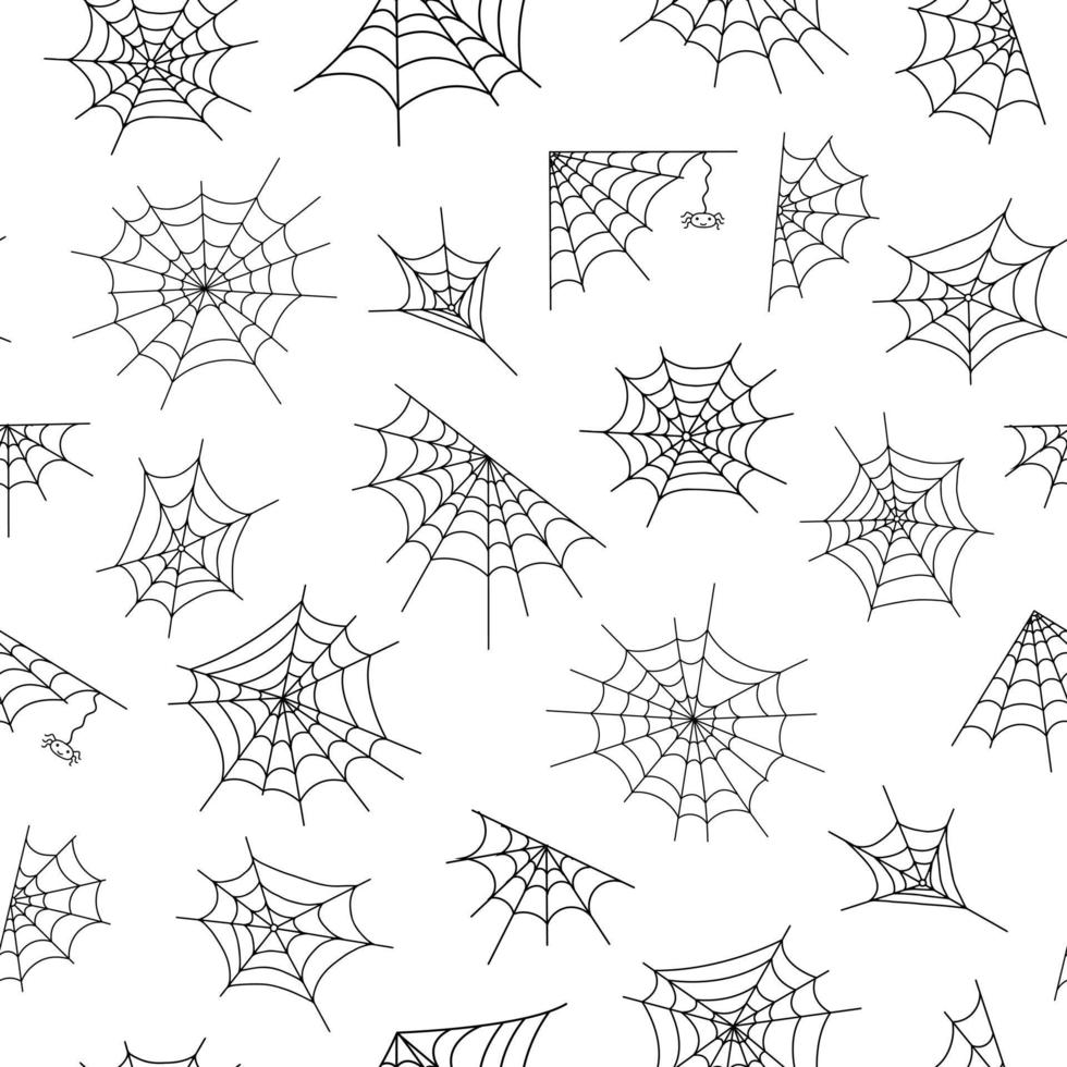 Spider web seamless pattern vector illustration for Halloween party decoration, hand drawn image, cartoon spooky character, fairy tale textile decor, gift paper, cobweb, spider