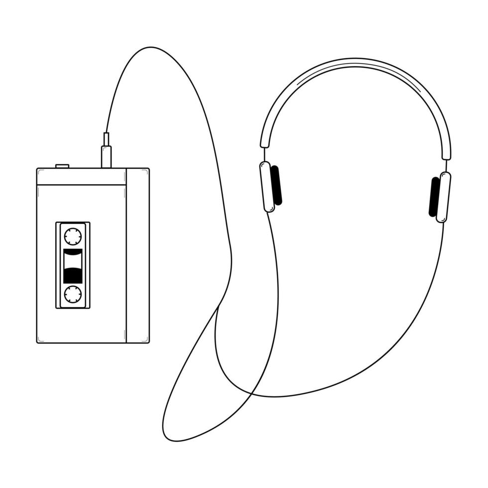 Hand drawn audio player with wired headphones . Portable device of the 80s, 90s for listening to music. Doodle style. Sketch. Vector illustration