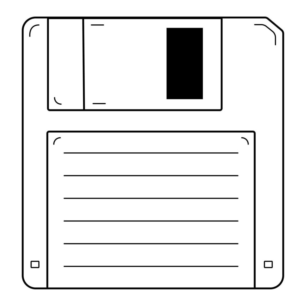Hand drawn floppy disk for a computer. Devices of the 80s, 90s for recording and storing information. Doodle style. Sketch. Vector illustration