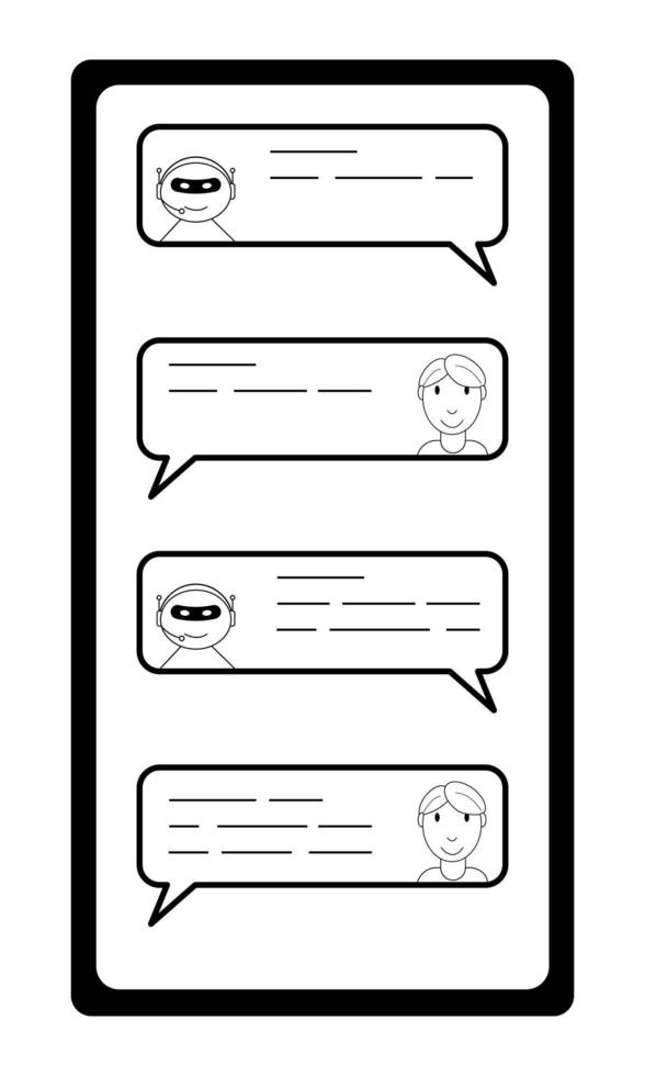 Hand drawn smartphone with a dialogue between a person and a chatbot. Customer technical support. Doodle style. Sketch. Vector illustration