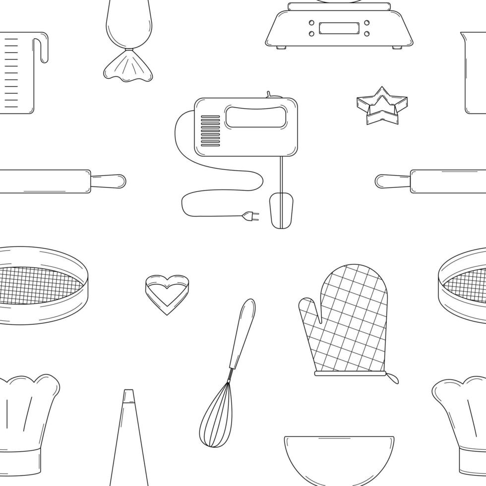 Hand drawn seamless pattern with kitchen baking tools. Doodle style. Sketch. Vector illustration