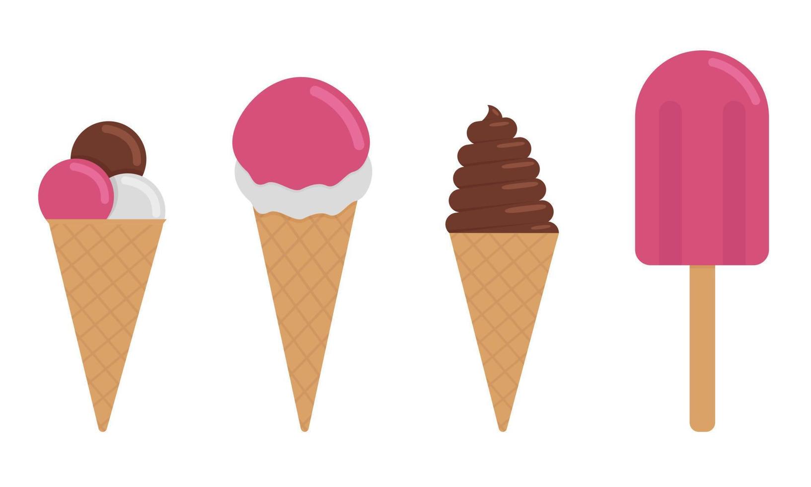 conjunto de diferentes tipos de helado. alimentos para refrescarse cuando hace calor. plano. ilustración vectorial vector