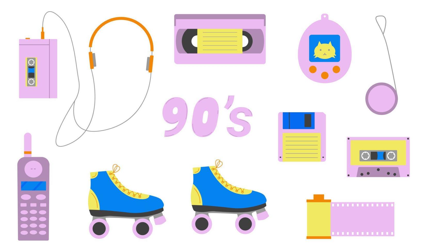 Set of elements of the 80s and 90s. Classic objects of the past decades. Flat style. Vector illustration